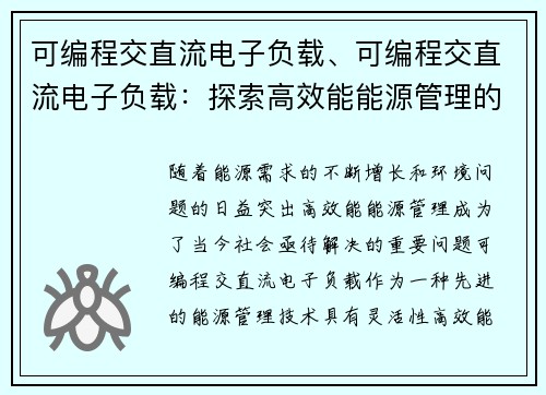 可编程交直流电子负载、可编程交直流电子负载：探索高效能能源管理的未来